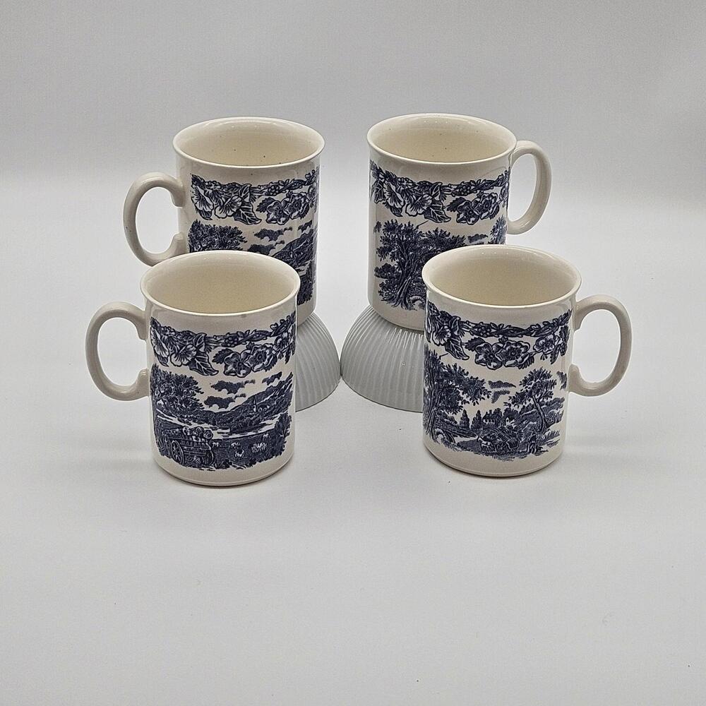 Ironstone Blue Transferware Coffee Mugs Morning Glory Border England Set Of 4